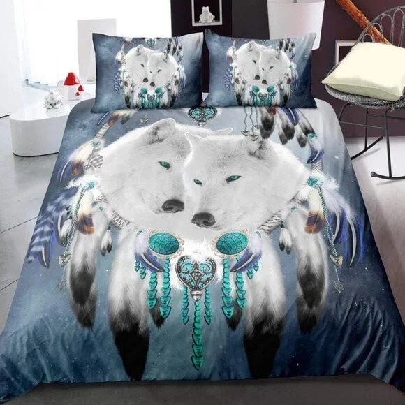 White Wolf & Dreamcatcher Duvet Cover and Pillow Sham, Twin Size, EUC - Picture 1 of 5